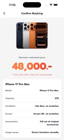 Booking confirmation with the estimated device value